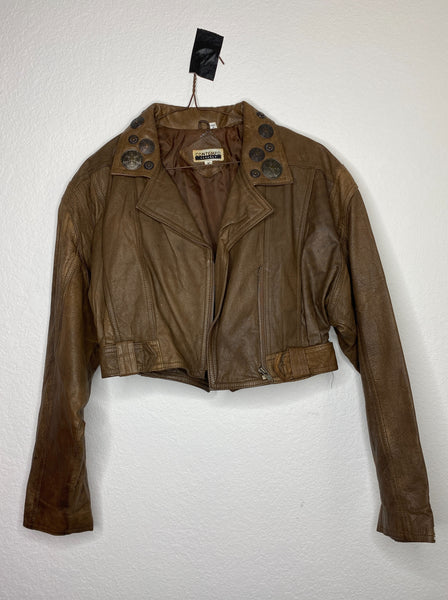 Brown Leather Studded Cropped Jacket